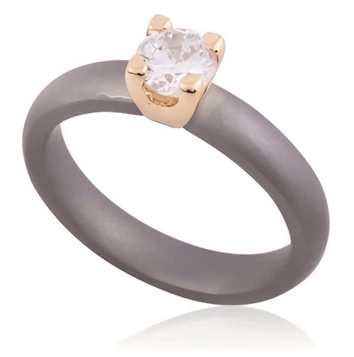 Front view of 0.5 Ct Imperium Titanium Ring with smooth matte titanium band and gold-prong round solitaire diamond.