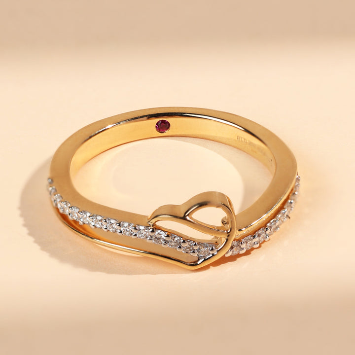 Top view of In Your Heart Promise Ring showing ruby inside band and heart-shaped detail.