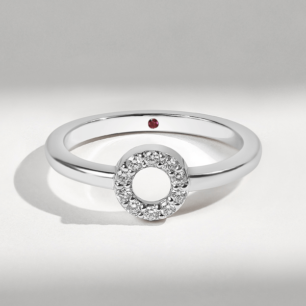 Front view of 0.1 Ct Little Halo Ring in white gold with diamond circle centerpiece.
