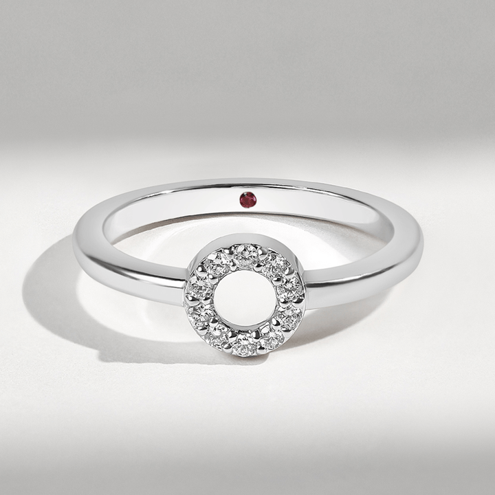 Front view of 0.1 Ct Little Halo Ring in white gold with diamond circle centerpiece.