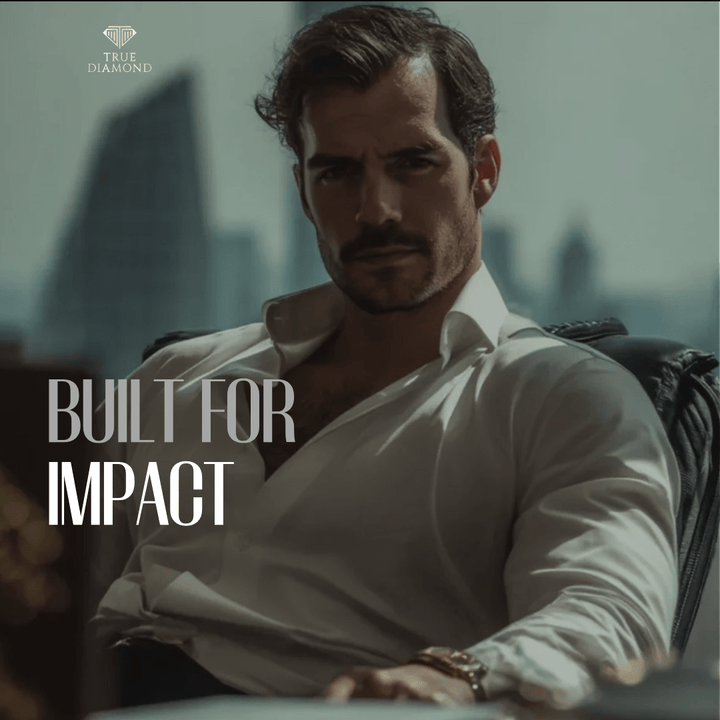Lifestyle image with tagline “Built for Impact” showing modern masculinity