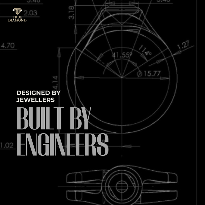 Technical ring blueprint with tagline “Designed by jewellers, built by engineers