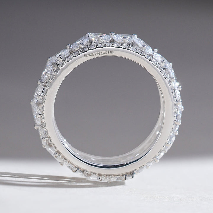 Side profile revealing intricate diamond arrangement on the Pear Eternal Forever 3 Ct Eternity Band.