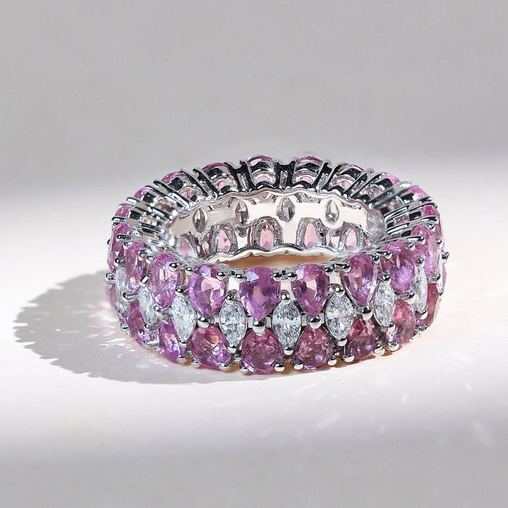 Double-layered Pink Pear and Marquise Eternity Band with alternating pink and diamond stones