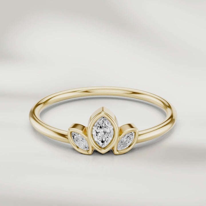 360-degree video of three marquise diamond cluster ring in gold with slim polished band and petal-inspired setting