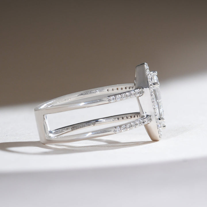 Side view of the Prism Gaze 0.7 Ct Shield Diamond Cocktail Ring showcasing the elevated shield cut diamond and pavé detailing