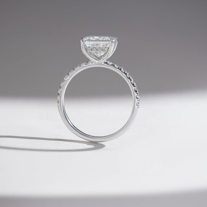 Upright profile view of the Radiant Glory 2 Ct Princess Solitaire Ring highlighting its elegant proportions