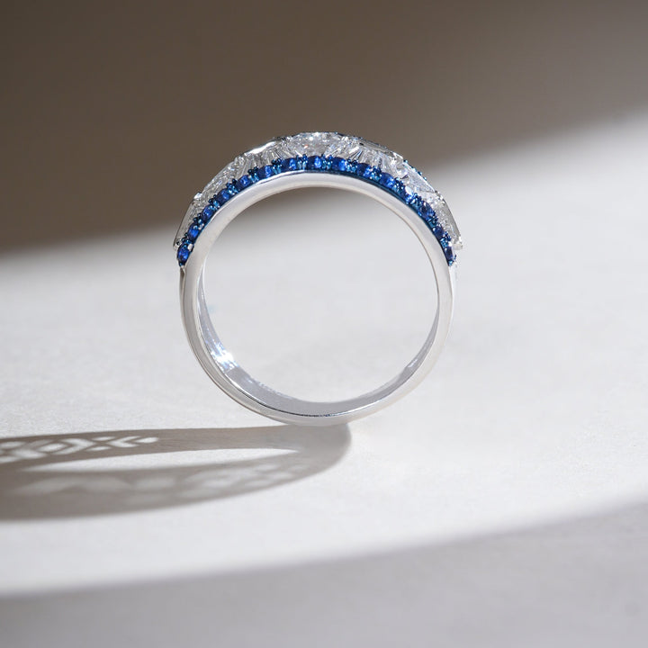 Profile view of the Radiant Horizon 2 Ct Fancy Cocktail Ring, emphasizing the curved band and gemstone detailing.