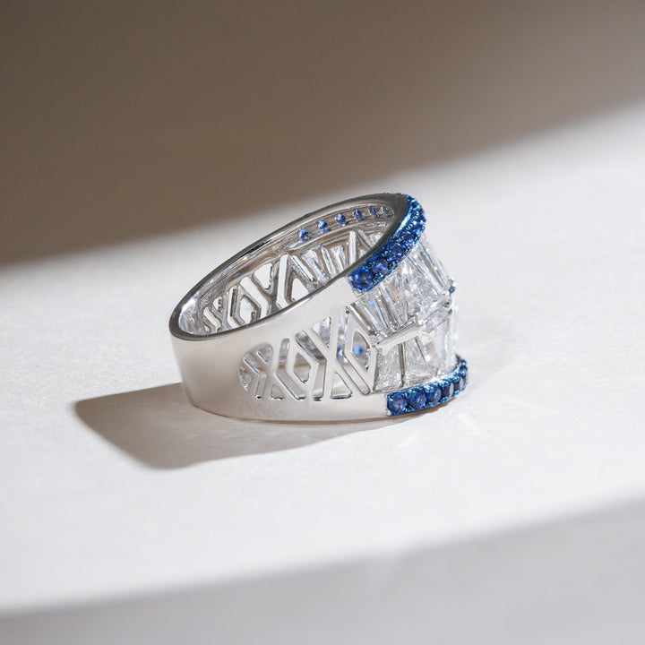 Side angle showing the tapered white gold band of the Radiant Horizon 2 Ct Fancy Cocktail Ring, highlighting the sapphire and diamond arrangement.