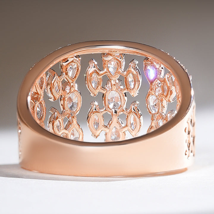 Back view of the Raindrop Cocktail Ring highlighting the open lattice design with diamond shapes visible through the rose gold structure.