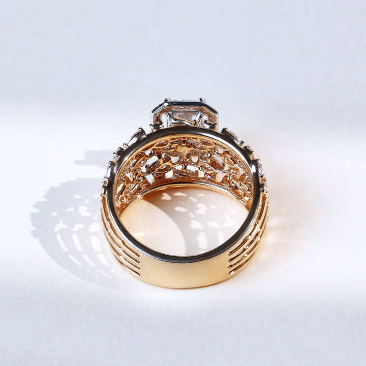 Back view of Raindrop yellow gold ring with intricate raindrop pavé detailing
