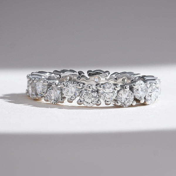 White gold eternity band with a continuous row of round brilliant diamonds for timeless sparkle.