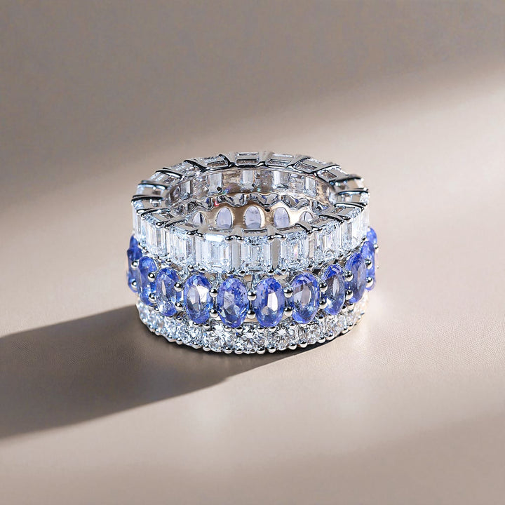 Front view of Royal Blue Crown eternity band with alternating sapphires and diamonds