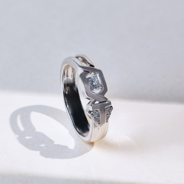Angled view of Shine Frame Princess diamond ring in sculpted white gold