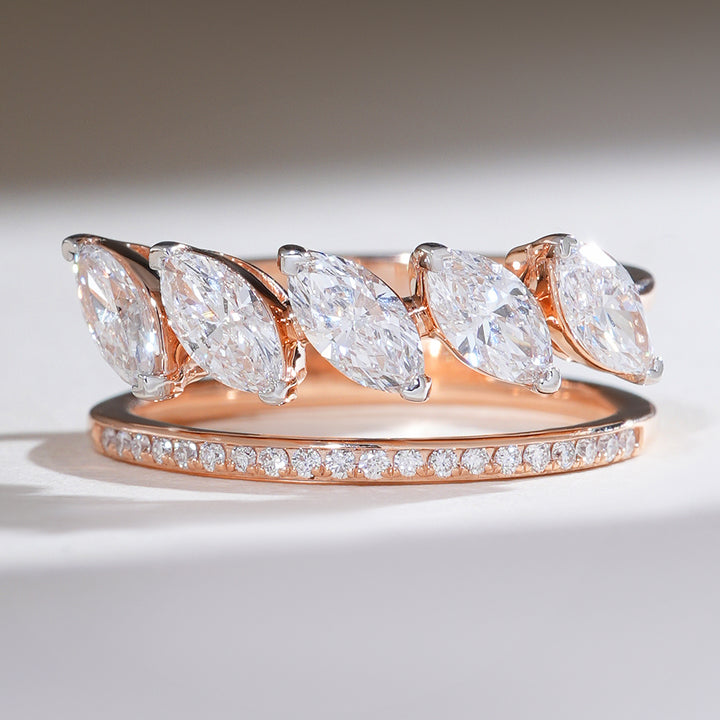Front view of Solstice in Marquise Cocktail Ring with marquise-cut diamonds set on a double rose gold band.