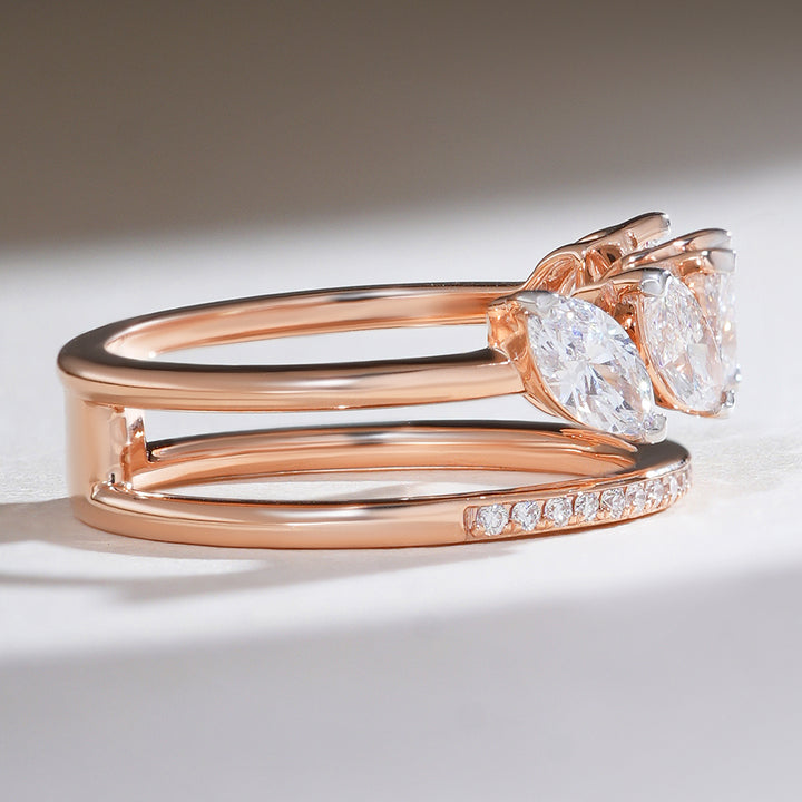 Side angle of the Solstice in Marquise Cocktail Ring showcasing its double-band structure and diamond arrangement.