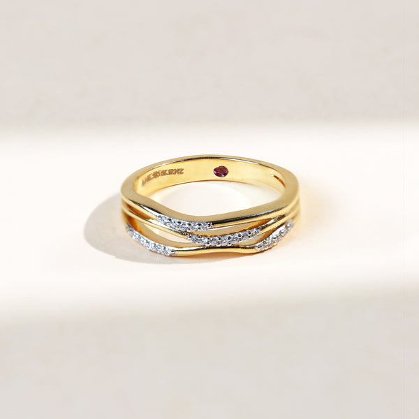 Sparkle in Waves Dailywear Ring front view with wave-inspired diamond bands in yellow gold.