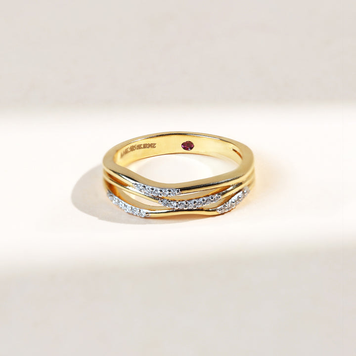 Sparkle in Waves Dailywear Ring front view with wave-inspired diamond bands in yellow gold.