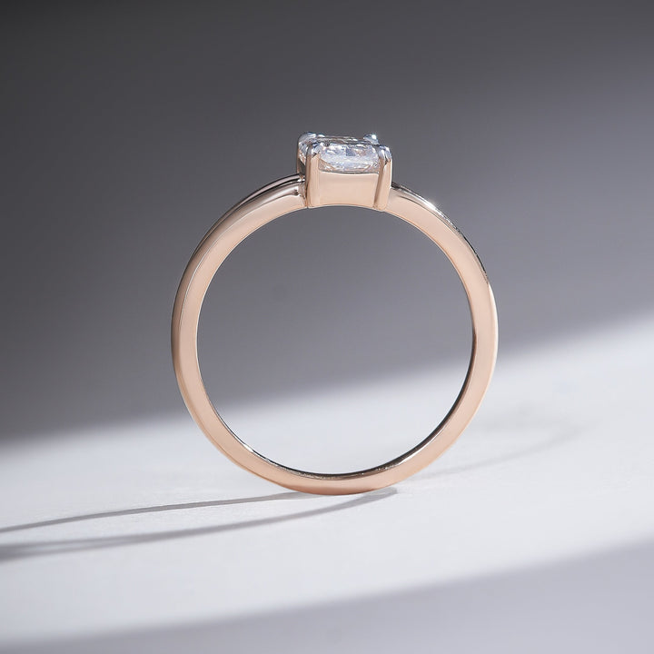 Profile view of the Split Shank 1 Ct Radiant Solitaire Ring highlighting the diamond’s elevated setting.