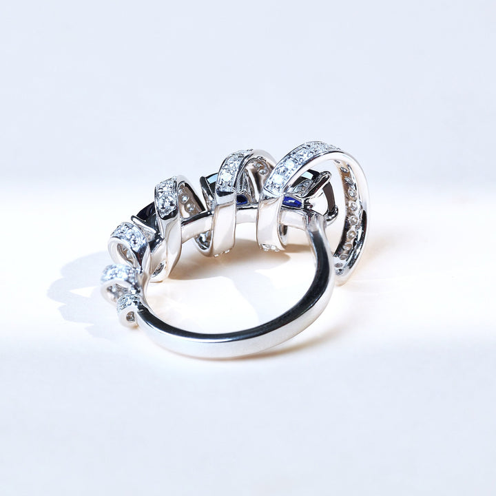 Back view of Star Weave Cocktail Ring highlighting spiral diamond-encrusted structure