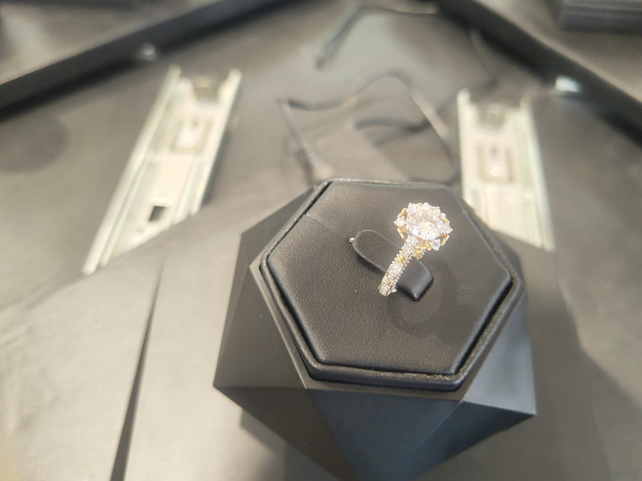 Diamond ring on display stand at True Diamond HSR Layout