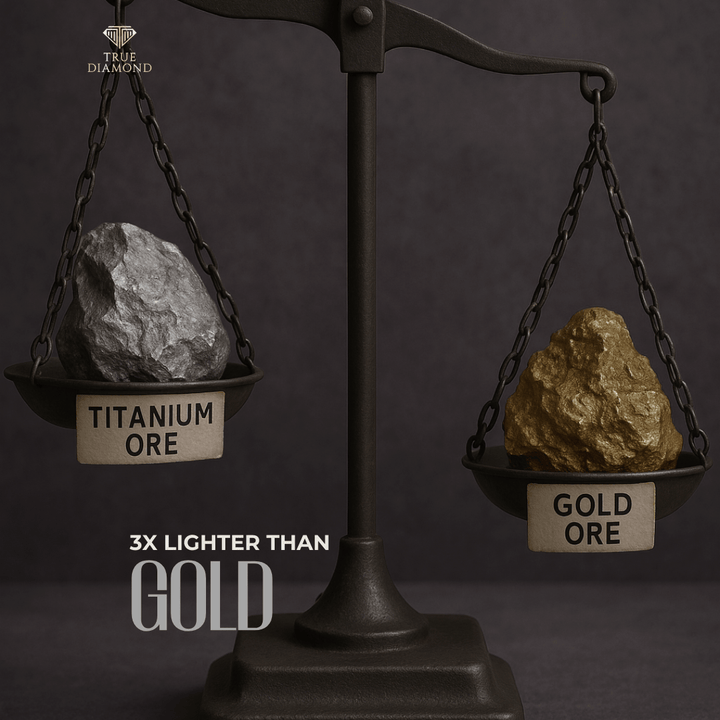 Titanium ore vs gold ore weight comparison, highlighting titanium’s lightweight strength