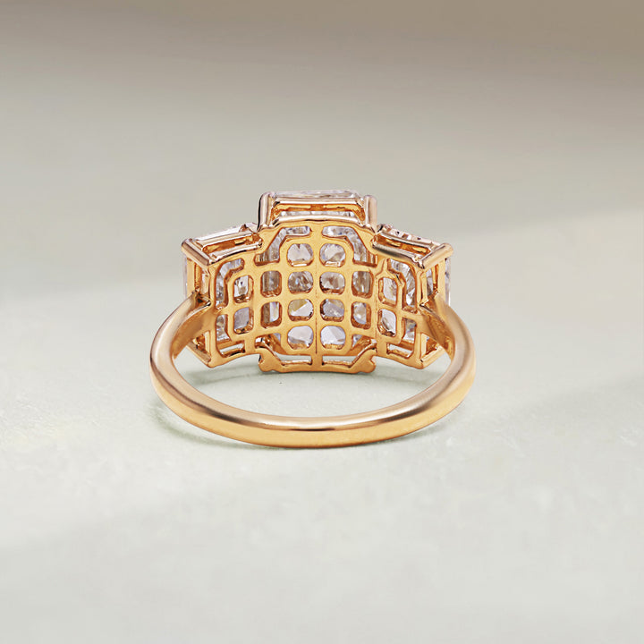 Back view of Triple Radiance 5 Ct Three Stone Ring showing detailed lattice goldwork.
