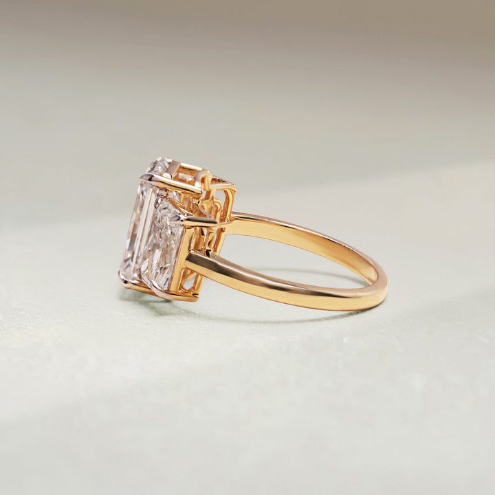 Side profile of Triple Radiance 5 Ct Three Stone Ring with radiant-cut center diamond.