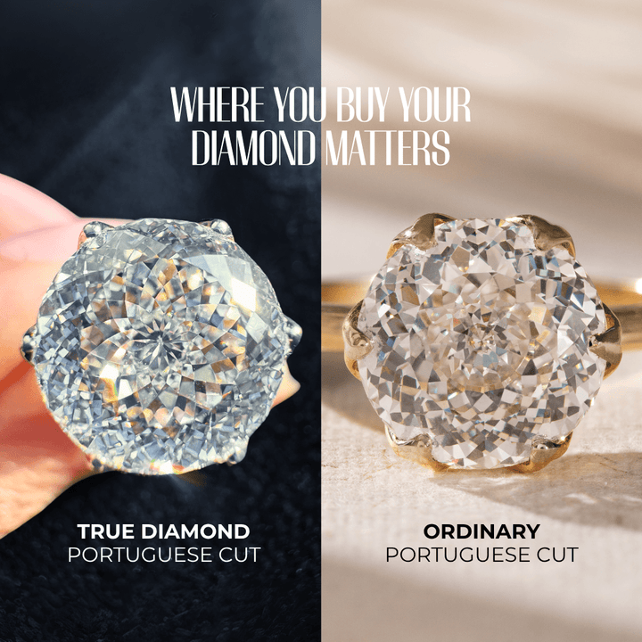 ide-by-side photo comparing True Diamond Portuguese-Cut vs ordinary cut showing superior facet pattern