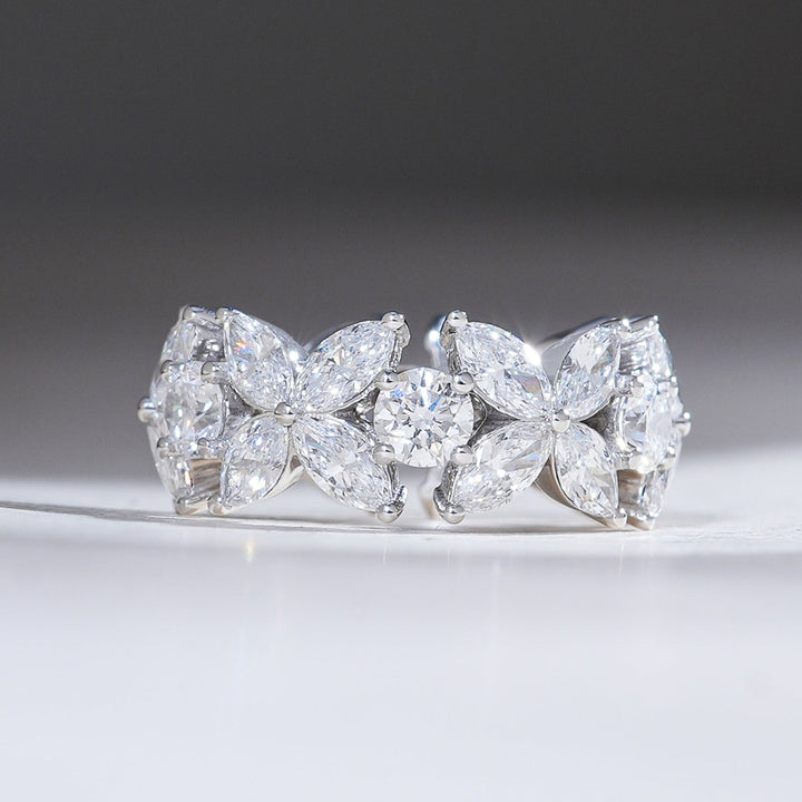 Front view of the Flower Bow 5.5 Ct Eternity Band featuring marquise-cut diamonds in a bow-like floral design set in white gold.
