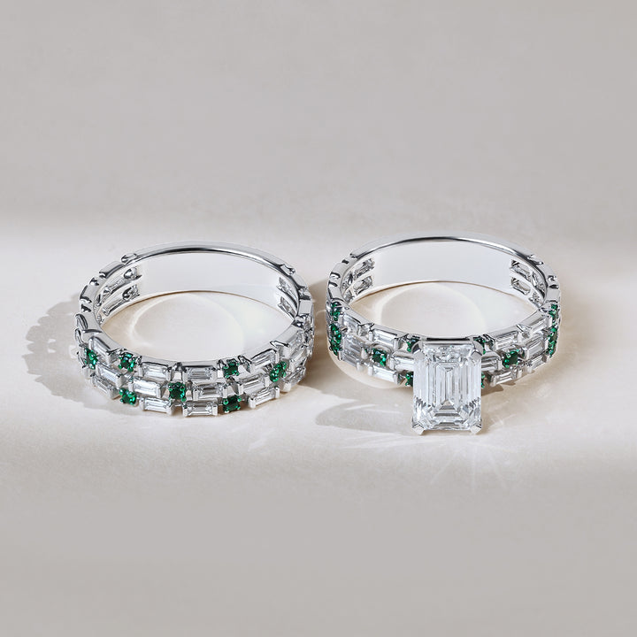 Front view of Twin Gleam 1.5 ct emerald-cut diamond stackable ring with green gemstone detailing