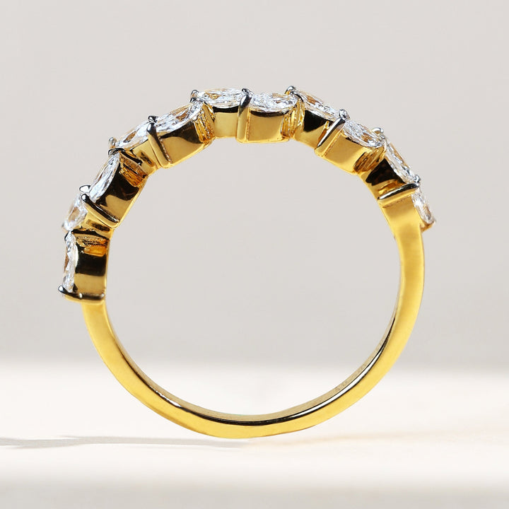 Top profile of the Willow Spark ring, showcasing the curved marquise diamond band