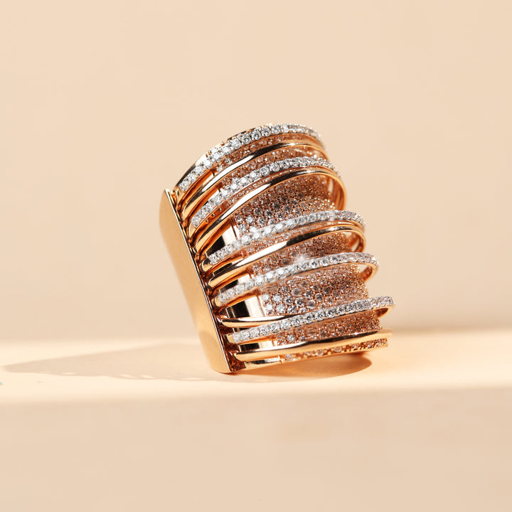 Angled view of Ziba 3 Ct Cocktail Ring showcasing cascading diamond-set arcs.